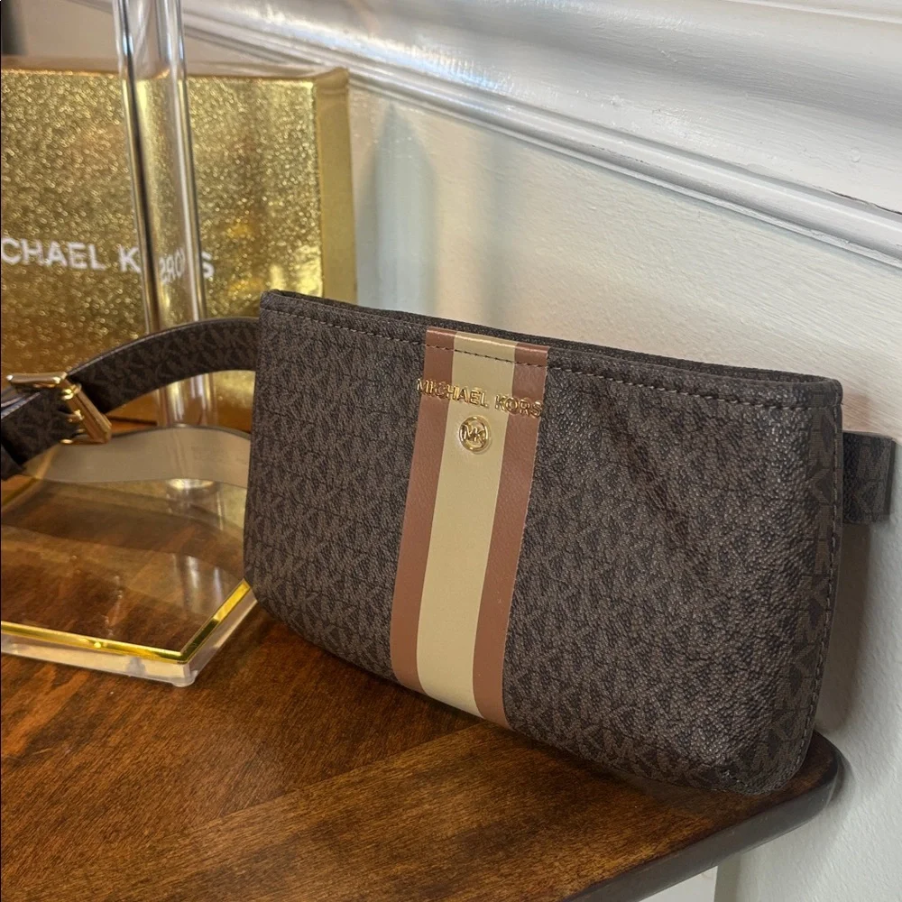 Michael Kors Monogram Crossbody Bag Brown Stripe Adjustable Belt Bag MK Signatu